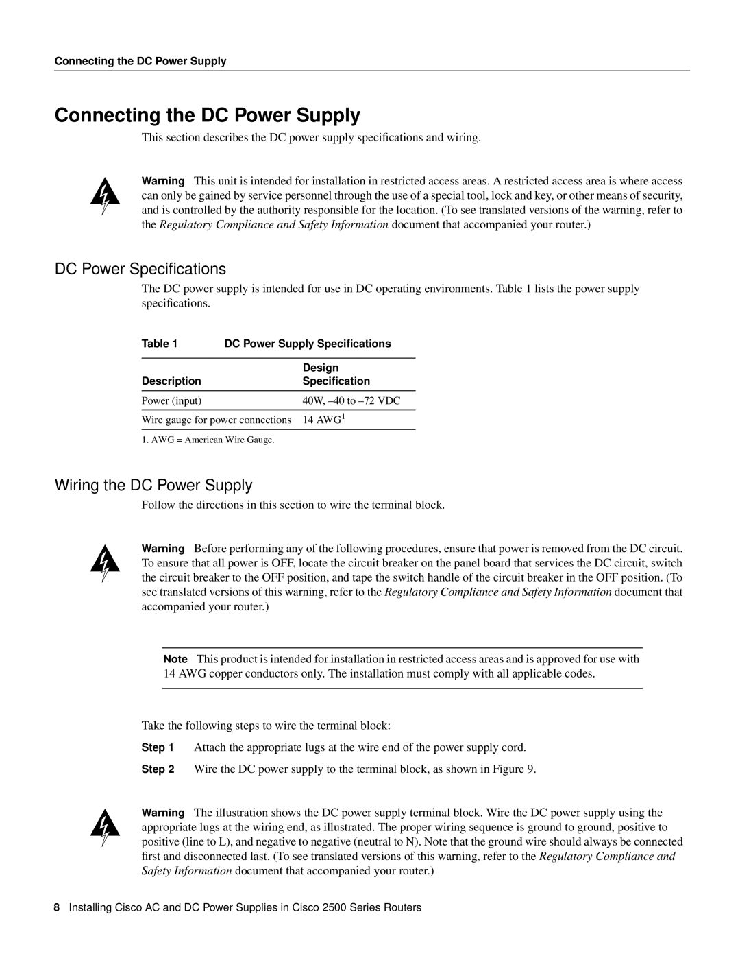Cisco Systems 2500 Series manual Connecting the DC Power Supply, DC Power Speciﬁcations, Wiring the DC Power Supply 