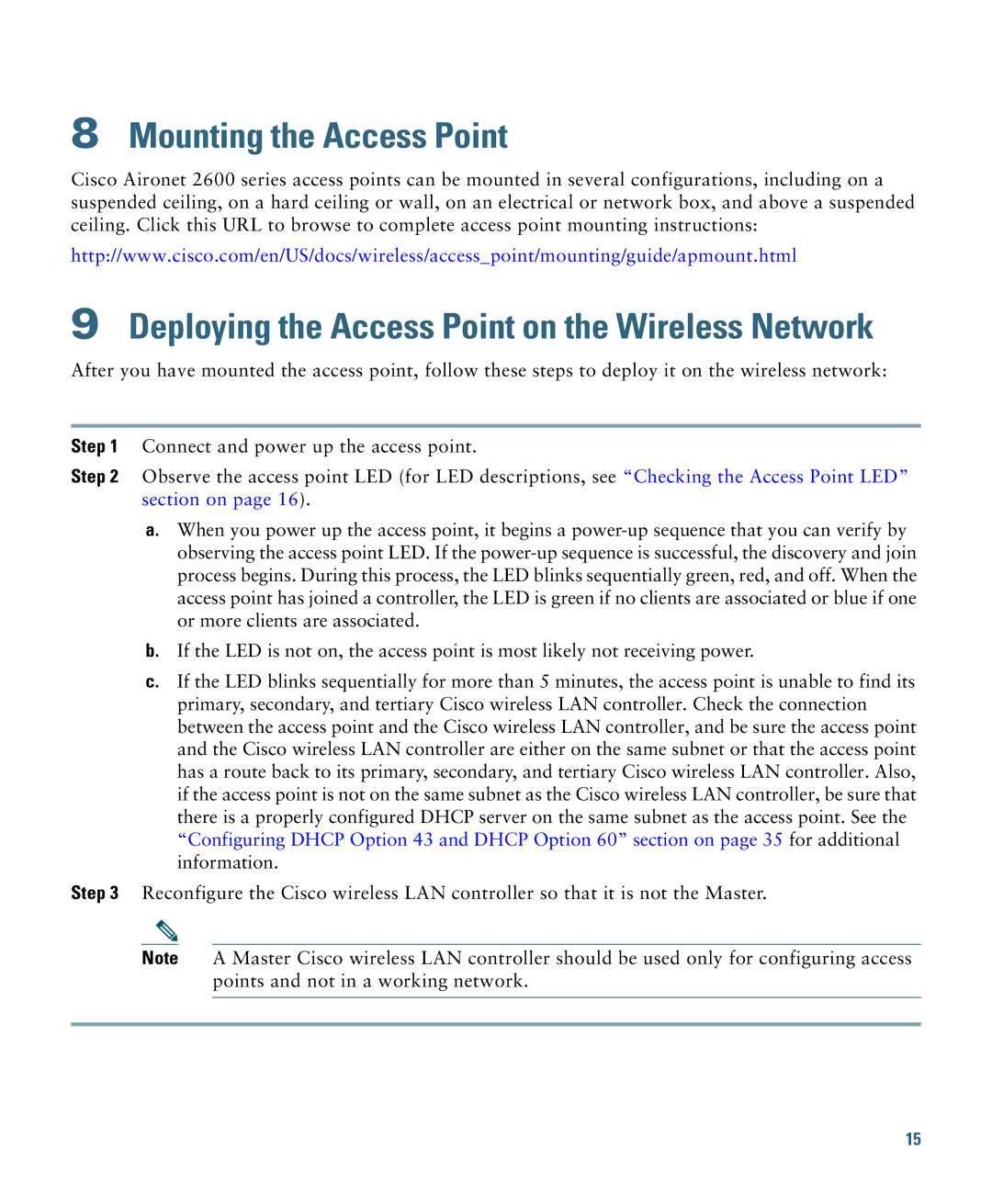 Cisco Systems AIRCAP2602IAK910, 2600I Mounting the Access Point, Deploying the Access Point on the Wireless Network 