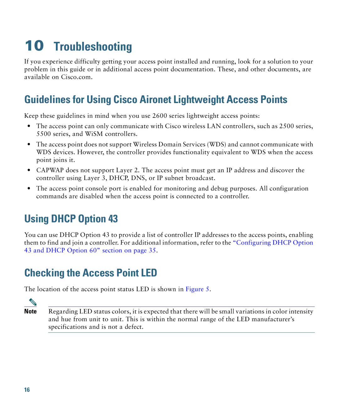 Cisco Systems 2600I, AIRSAP2602IAK9, AIRSAP2602EAK9 Troubleshooting, Using Dhcp Option, Checking the Access Point LED 