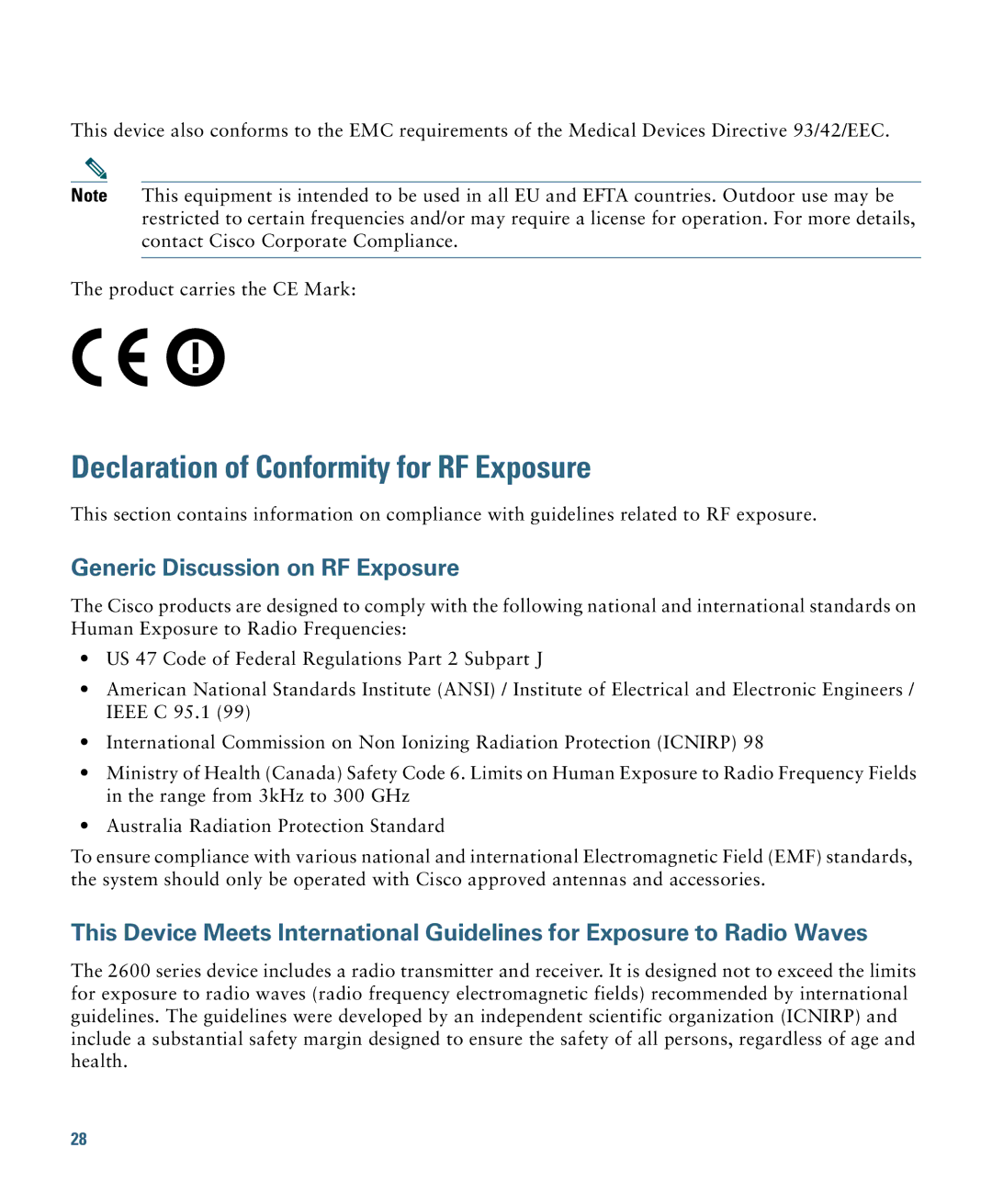 Cisco Systems AIRSAP2602IAK9, 2600I Declaration of Conformity for RF Exposure, Generic Discussion on RF Exposure 