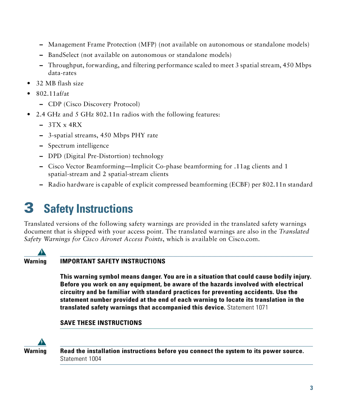 Cisco Systems AIRCAP2602ICK9, AIRSAP2602IAK9, AIRSAP2602EAK9, AIRCAP2602IAK9, 2600I Important Safety Instructions 