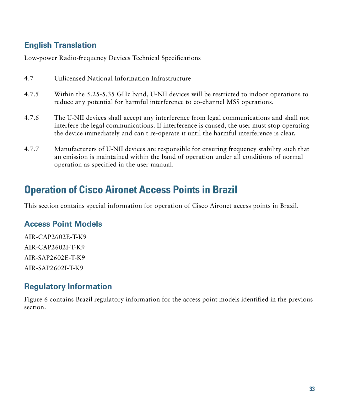 Cisco Systems AIRCAP2602IAK910, 2600, AIRSAP2602IAK9, AIRSAP2602EAK9 Operation of Cisco Aironet Access Points in Brazil 