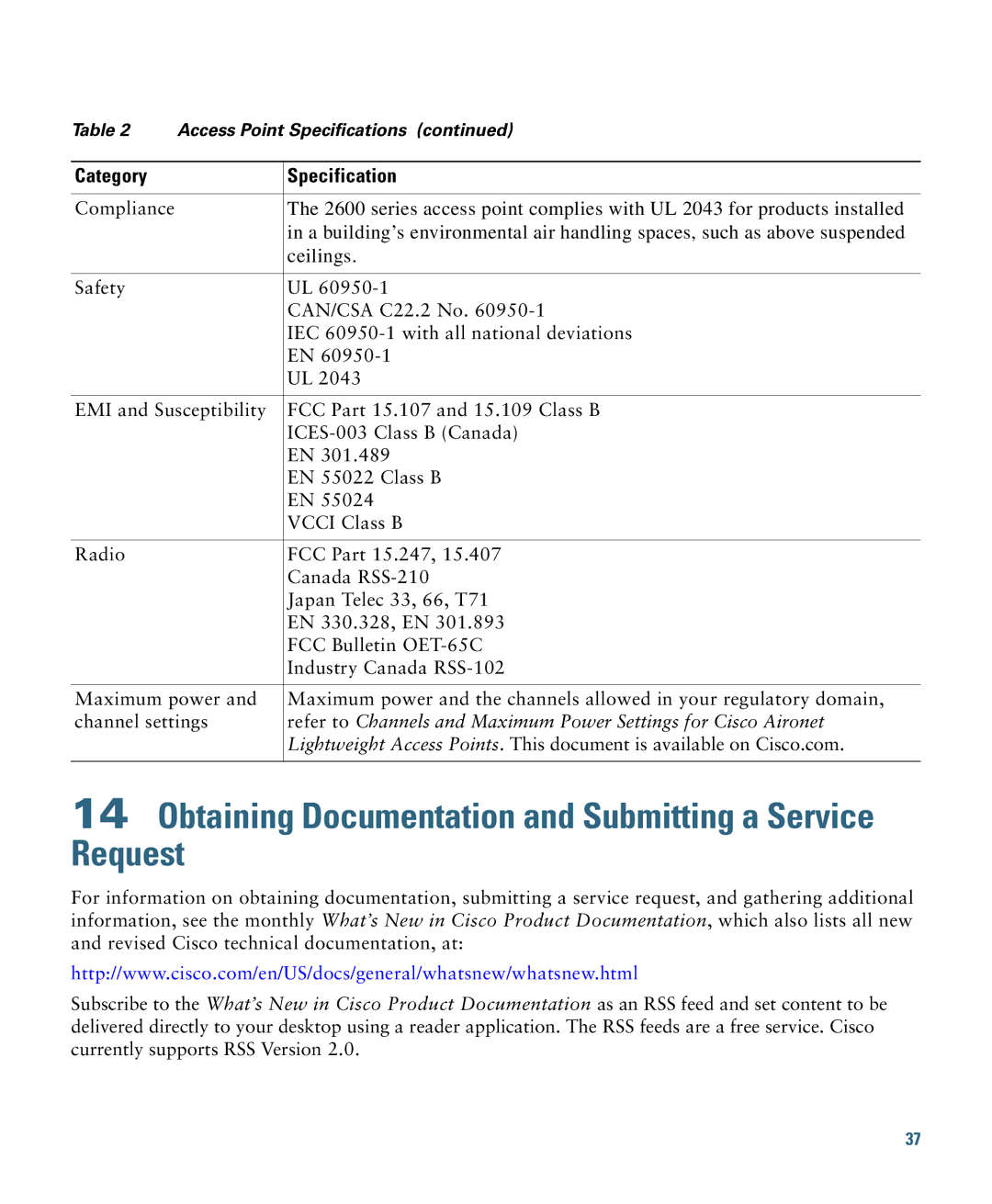 Cisco Systems AIRSAP2602IAK9, 2600, AIRSAP2602EAK9, AIRCAP2602ICK9 Obtaining Documentation and Submitting a Service Request 