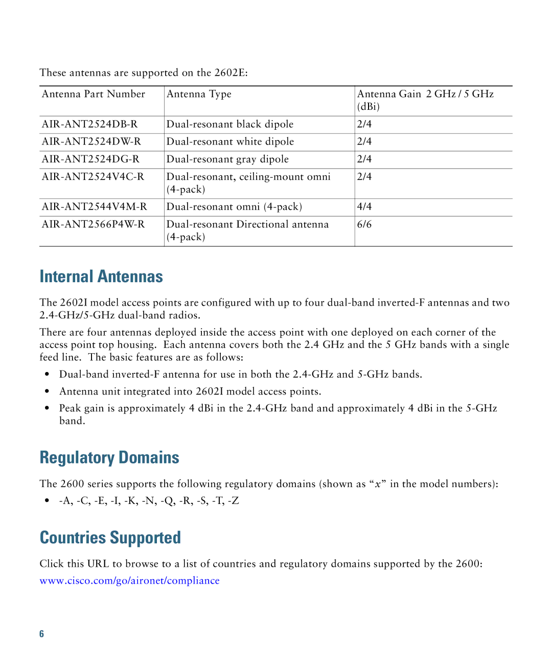 Cisco Systems AIRCAP2602IAK910, AIRSAP2602IAK9, 2600I Internal Antennas, Regulatory Domains, Countries Supported 