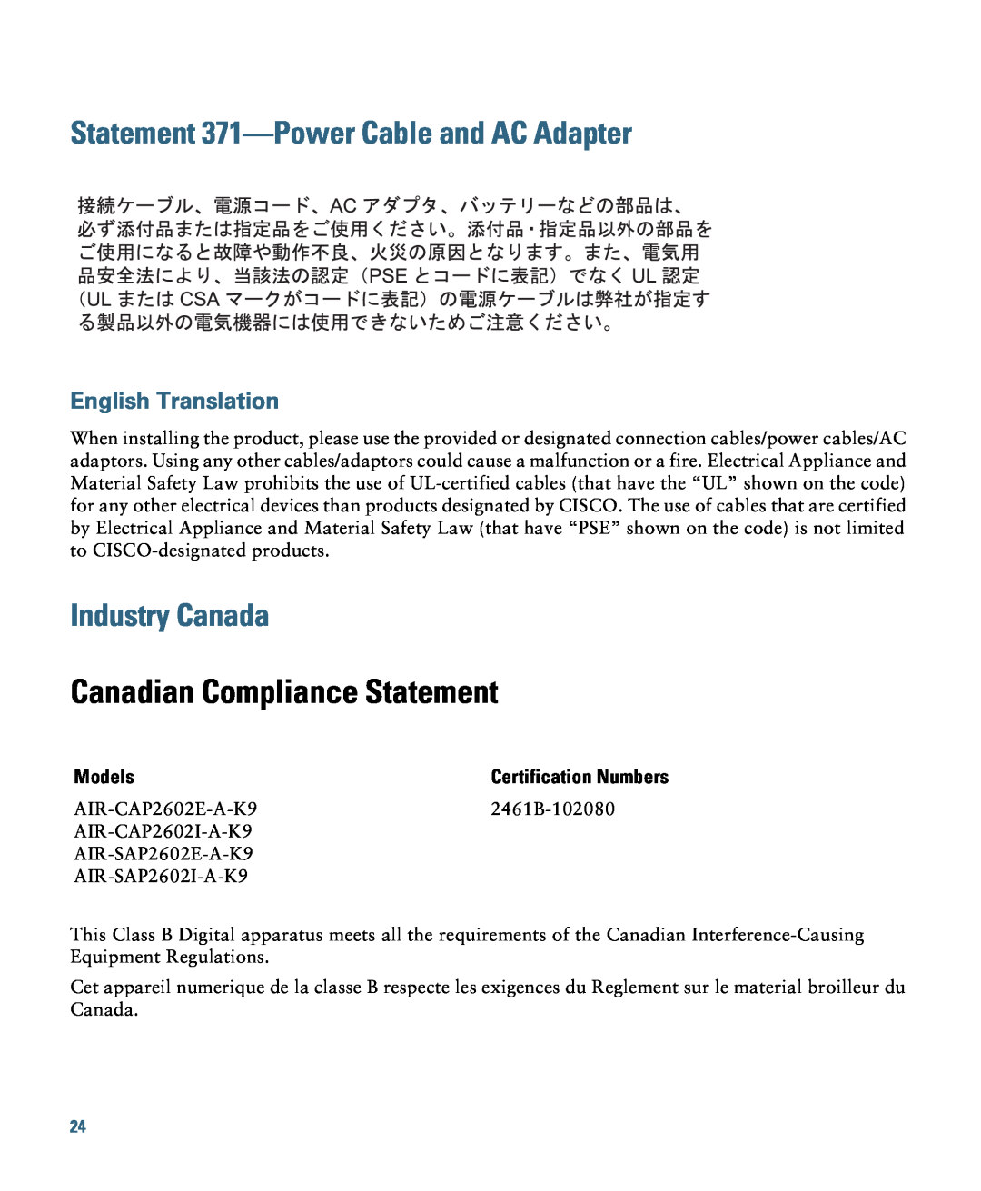 Cisco Systems AIRCAP2602IAK910 Statement 371-Power Cable and AC Adapter, Industry Canada, Canadian Compliance Statement 