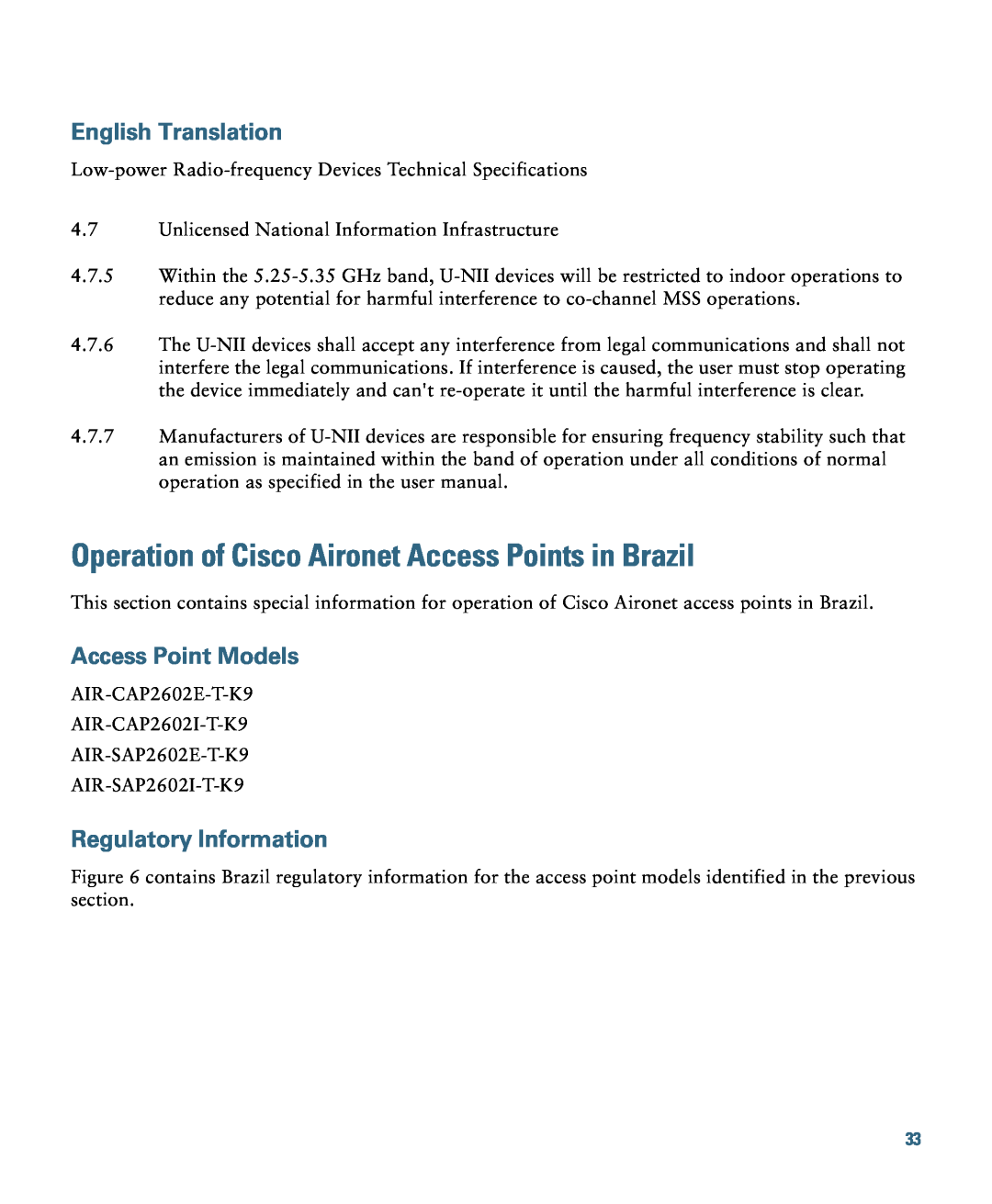 Cisco Systems AIRCAP2602IAK910, 2600I Operation of Cisco Aironet Access Points in Brazil, Access Point Models 