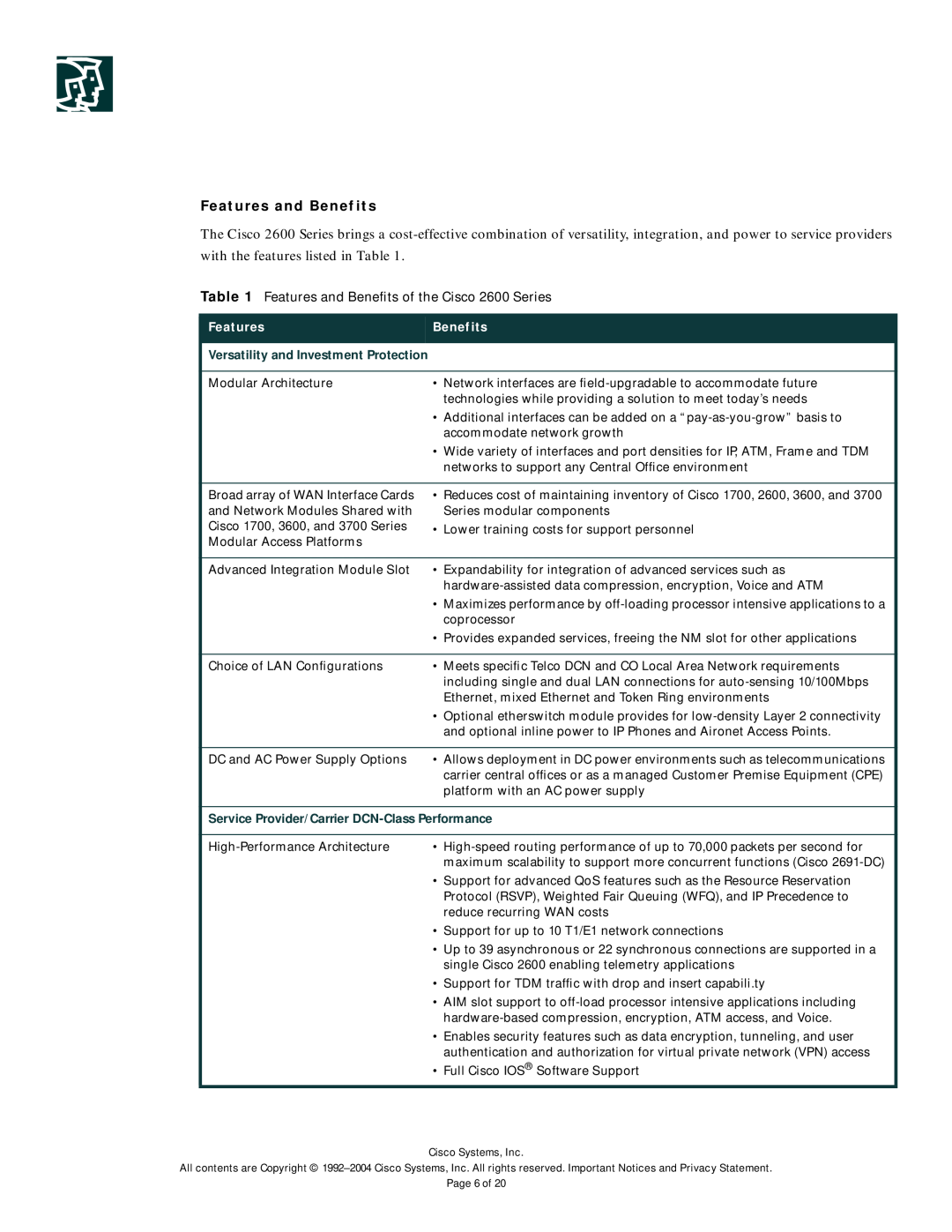 Cisco Systems 2600-DC Series manual Features and Benefits, with the features listed in Table 