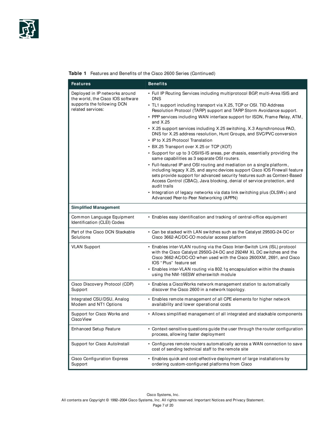 Cisco Systems 2600-DC Series manual Features, Benefits, Simpliﬁed Management 