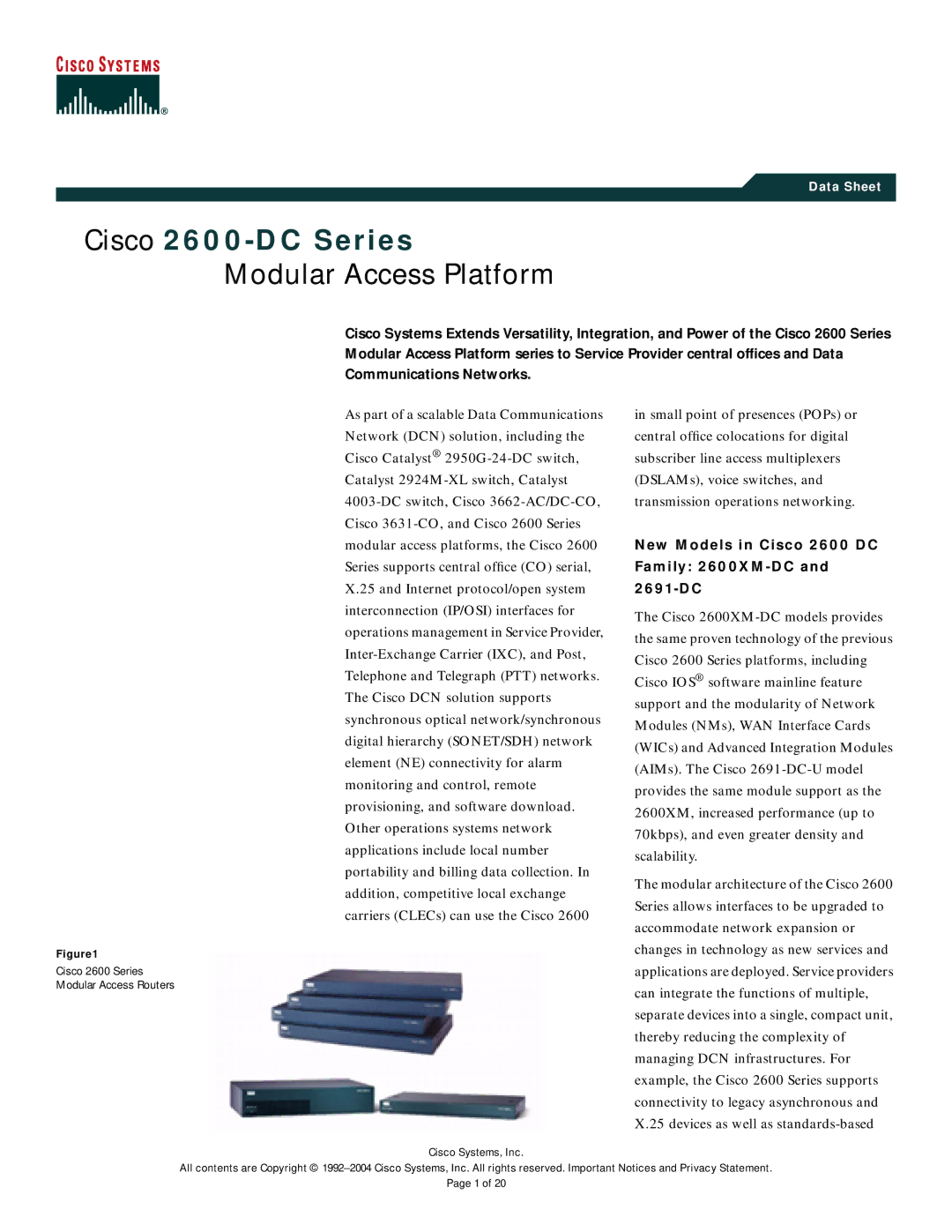 Cisco Systems 2600-DC Series manual New Models in Cisco 2600 DC Family 2600XM-DC 2691-DC, Data Sheet 