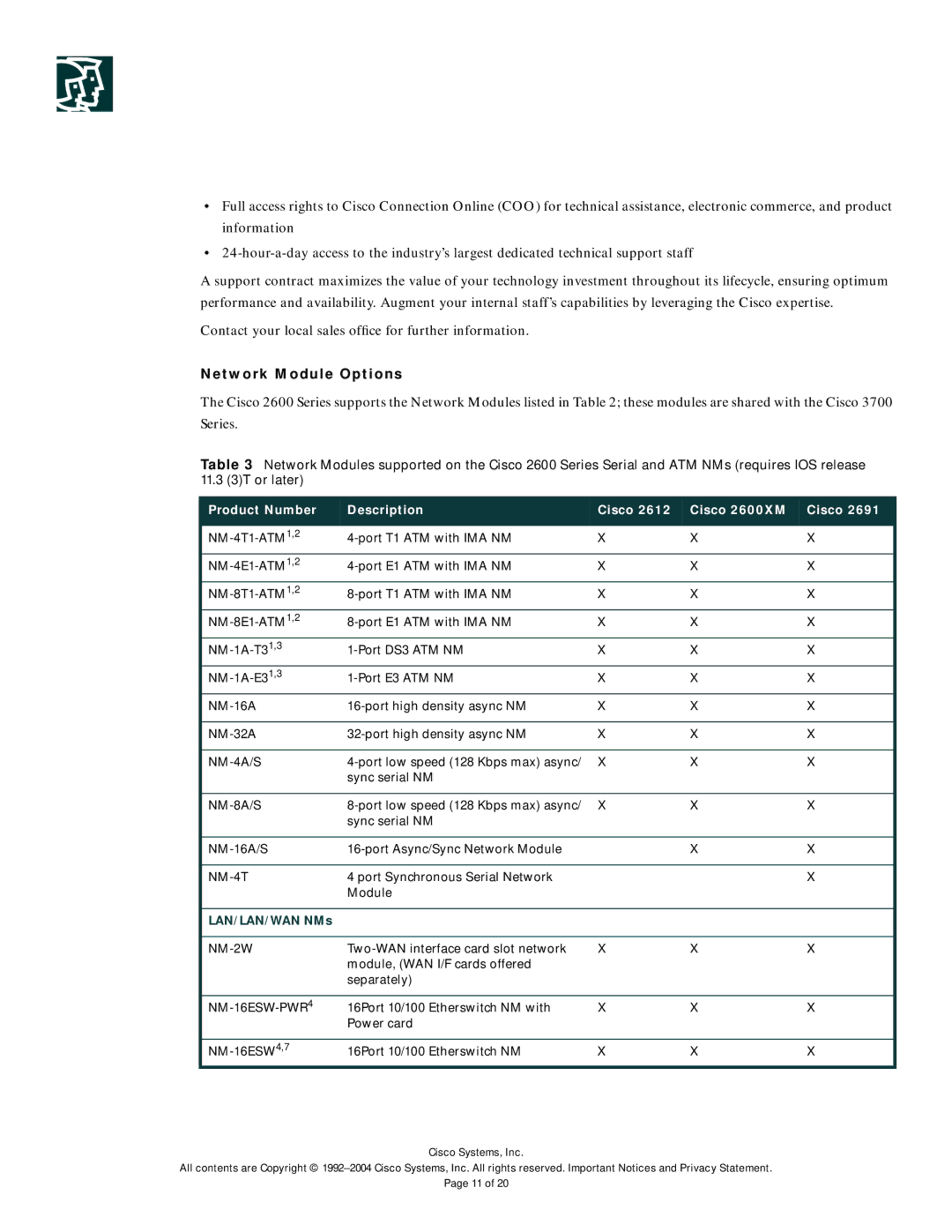 Cisco Systems 2600-DC Series manual Network Module Options, Product Number Description Cisco Cisco 2600XM, LAN/LAN/WAN NMs 