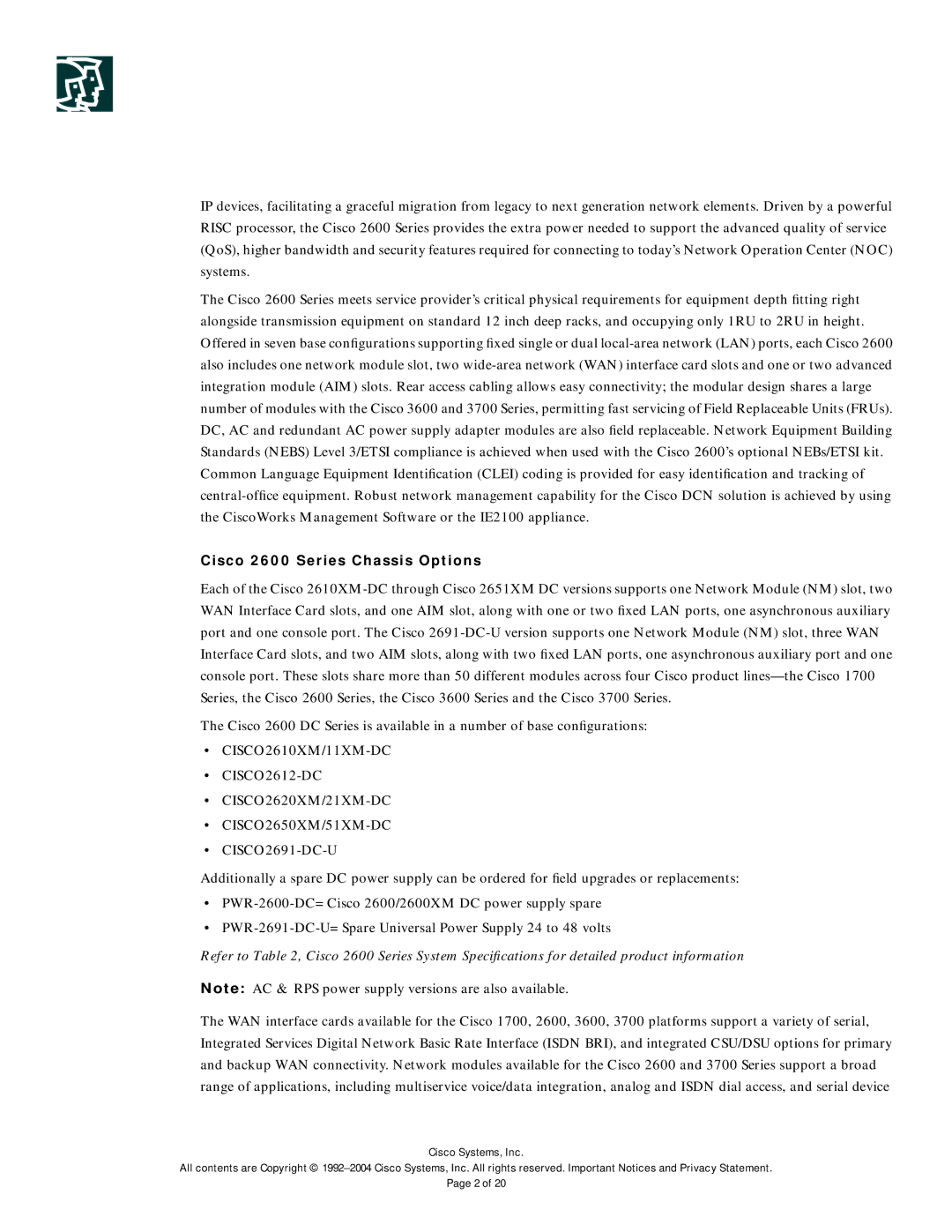 Cisco Systems 2600-DC Series manual Cisco 2600 Series Chassis Options, CISCO2620XM/21XM-DC CISCO2650XM/51XM-DC 