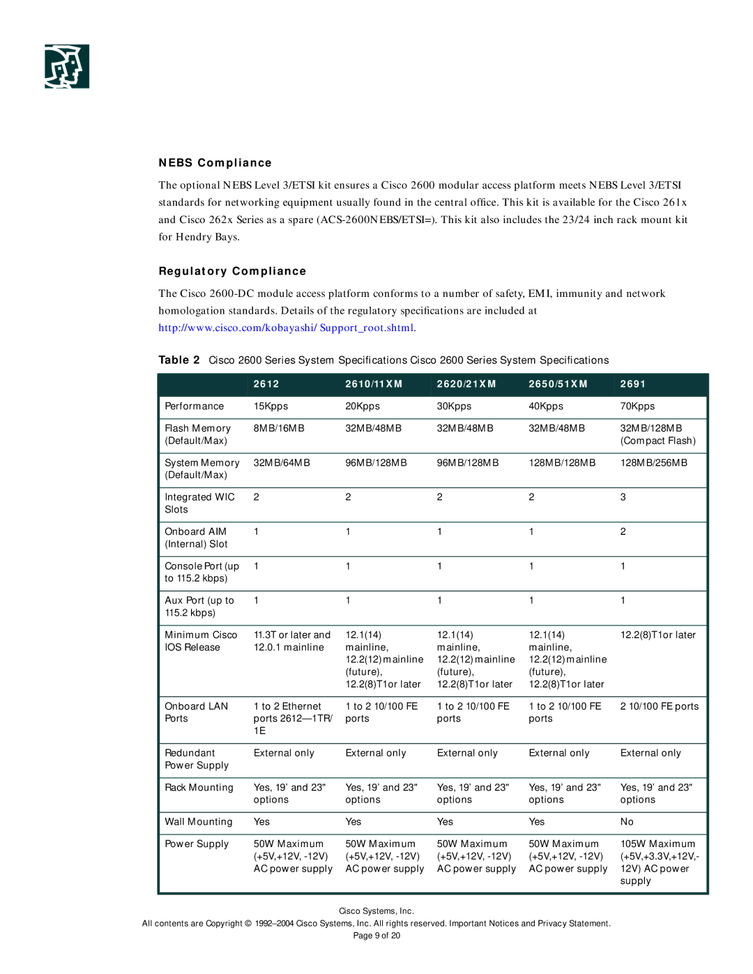 Cisco Systems 2600-DC Series manual Nebs Compliance, Regulatory Compliance, 2612 2610/11XM 2620/21XM 2650/51XM 2691 