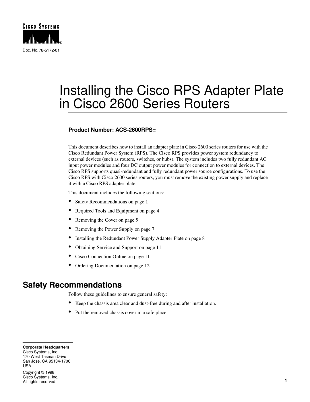 Cisco Systems 2600 Series manual Safety Recommendations, Product Number ACS-2600RPS= 