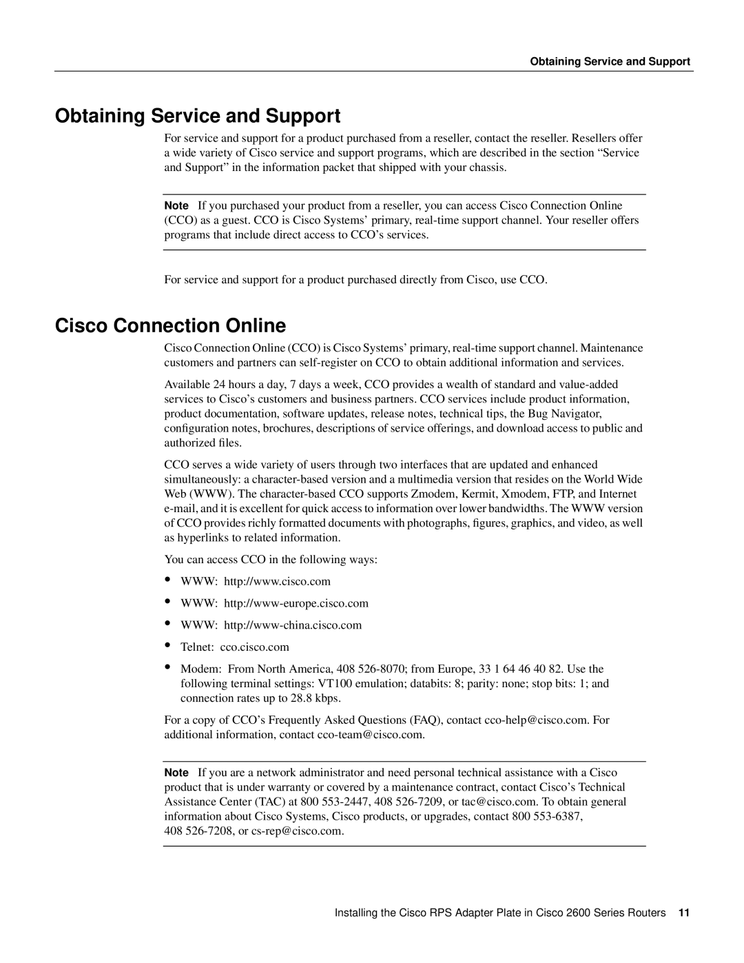 Cisco Systems 2600 Series manual Obtaining Service and Support, Cisco Connection Online 