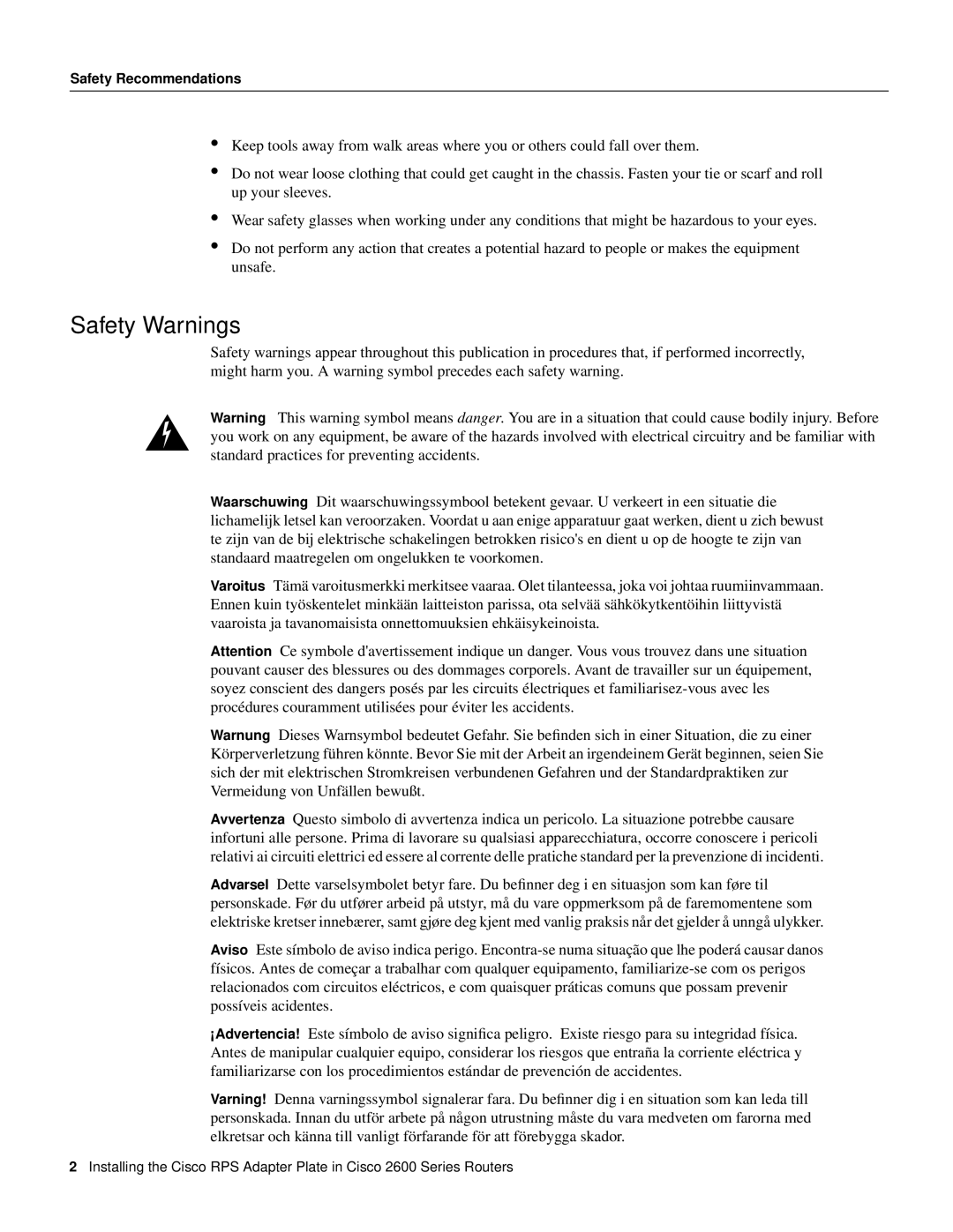 Cisco Systems 2600 Series manual Safety Warnings, Safety Recommendations 