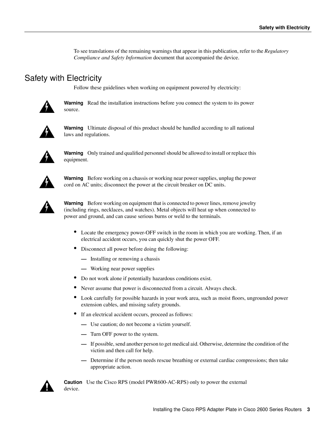 Cisco Systems 2600 Series manual Safety with Electricity 