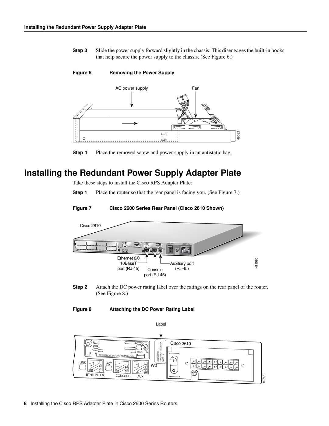 Cisco Systems 2600 Series manual Installing the Redundant Power Supply Adapter Plate, Cisco 