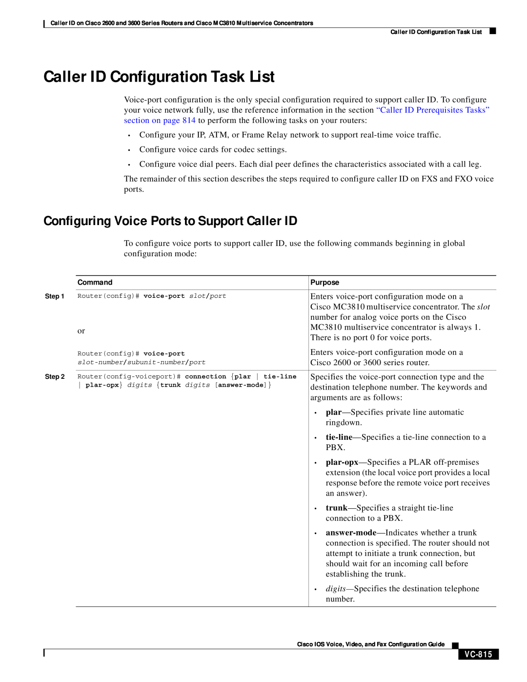 Cisco Systems 2600 Caller ID Configuration Task List, Configuring Voice Ports to Support Caller ID, Command, Purpose 