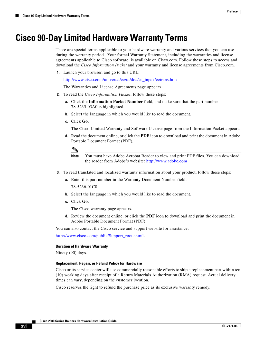 Cisco Systems 2600 manual Cisco 90-Day Limited Hardware Warranty Terms, Duration of Hardware Warranty, Xvi 