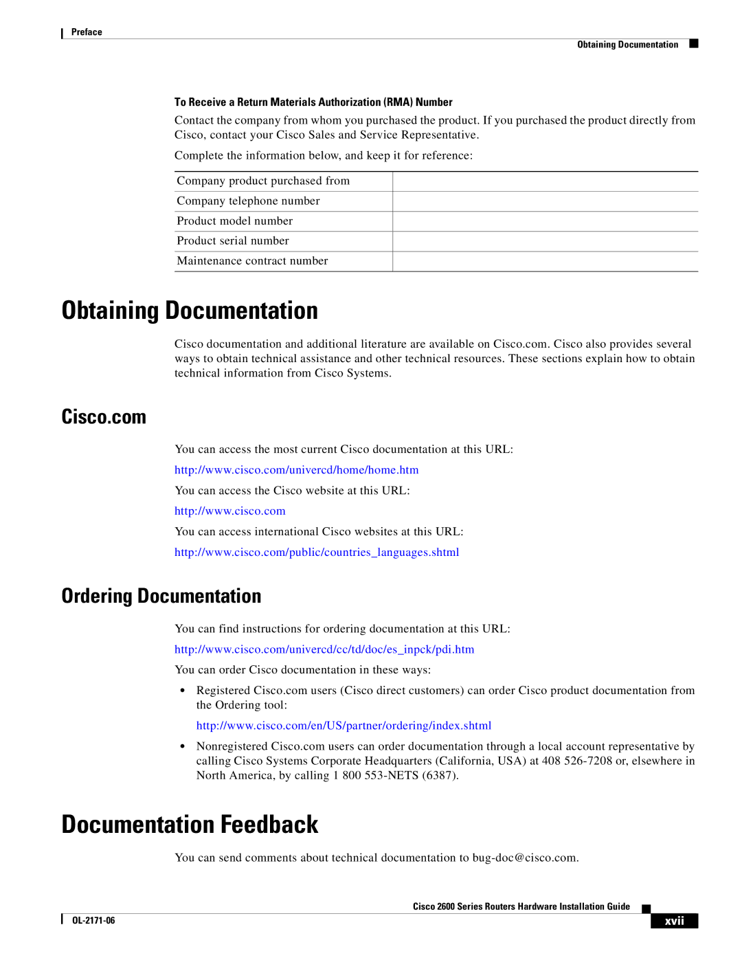 Cisco Systems 2600 manual Obtaining Documentation, Documentation Feedback, Cisco.com, Ordering Documentation, Xvii 