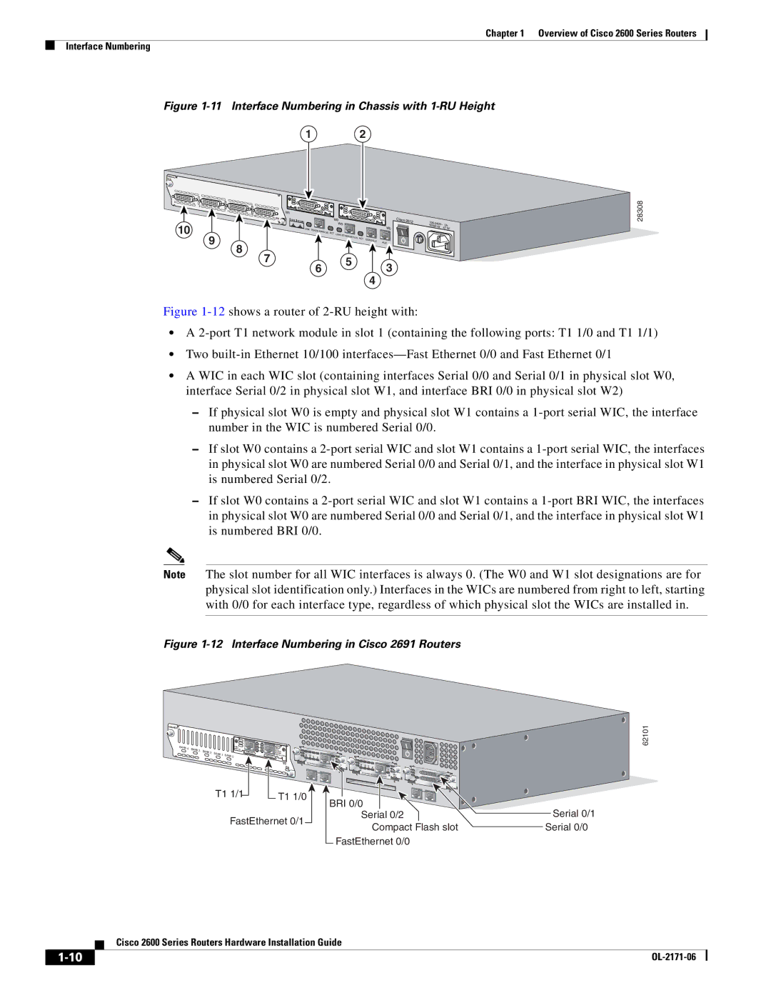 Cisco Systems 2600 manual Interface Numbering in Chassis with 1-RU Height 