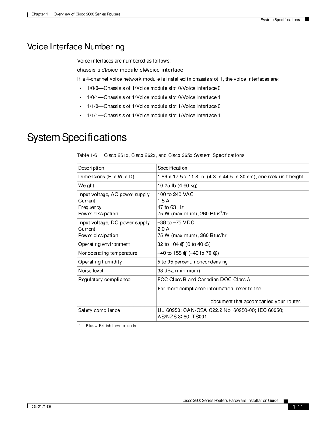 Cisco Systems 2600 manual System Specifications, Voice Interface Numbering, Description Specification 