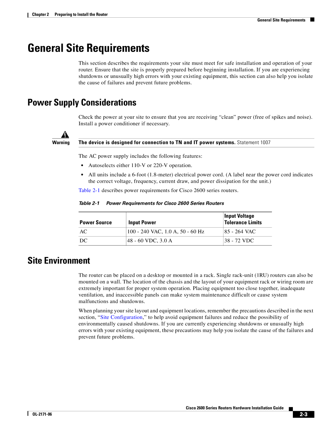 Cisco Systems 2600 manual General Site Requirements, Power Supply Considerations, Site Environment, Input Voltage 