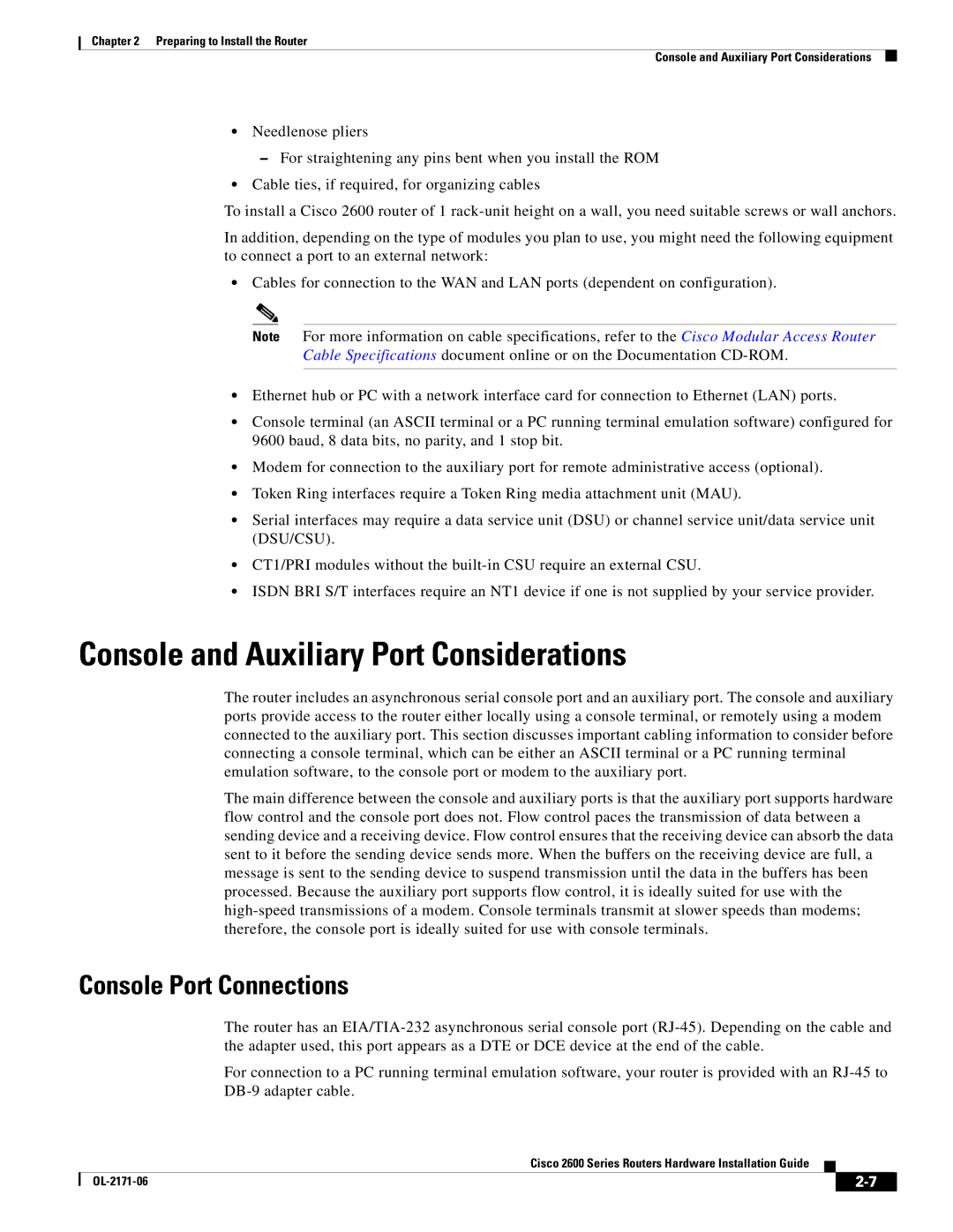 Cisco Systems 2600 manual Console and Auxiliary Port Considerations, Console Port Connections 