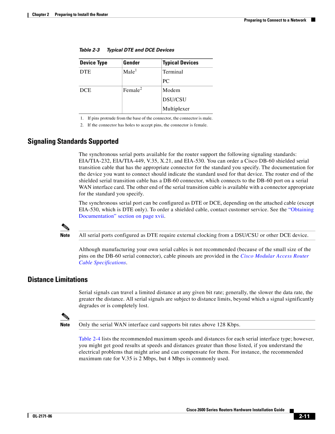 Cisco Systems 2600 manual Signaling Standards Supported, Distance Limitations, Device Type Gender Typical Devices 