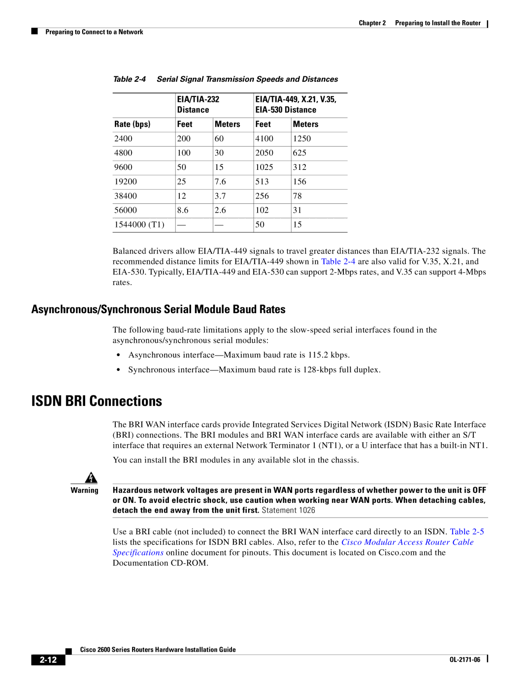 Cisco Systems 2600 manual Isdn BRI Connections, Asynchronous/Synchronous Serial Module Baud Rates, EIA/TIA-232 