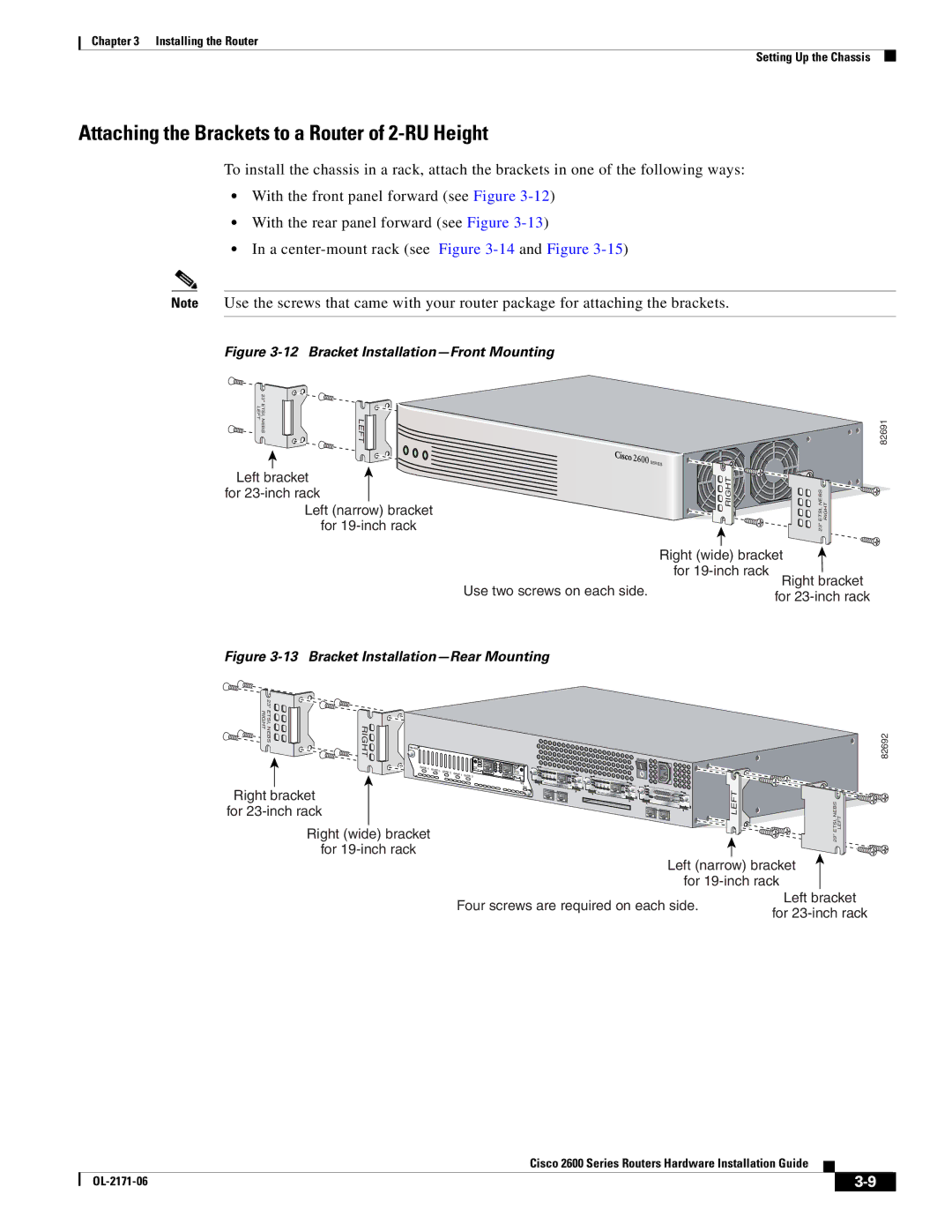 Cisco Systems 2600 manual Attaching the Brackets to a Router of 2-RU Height 