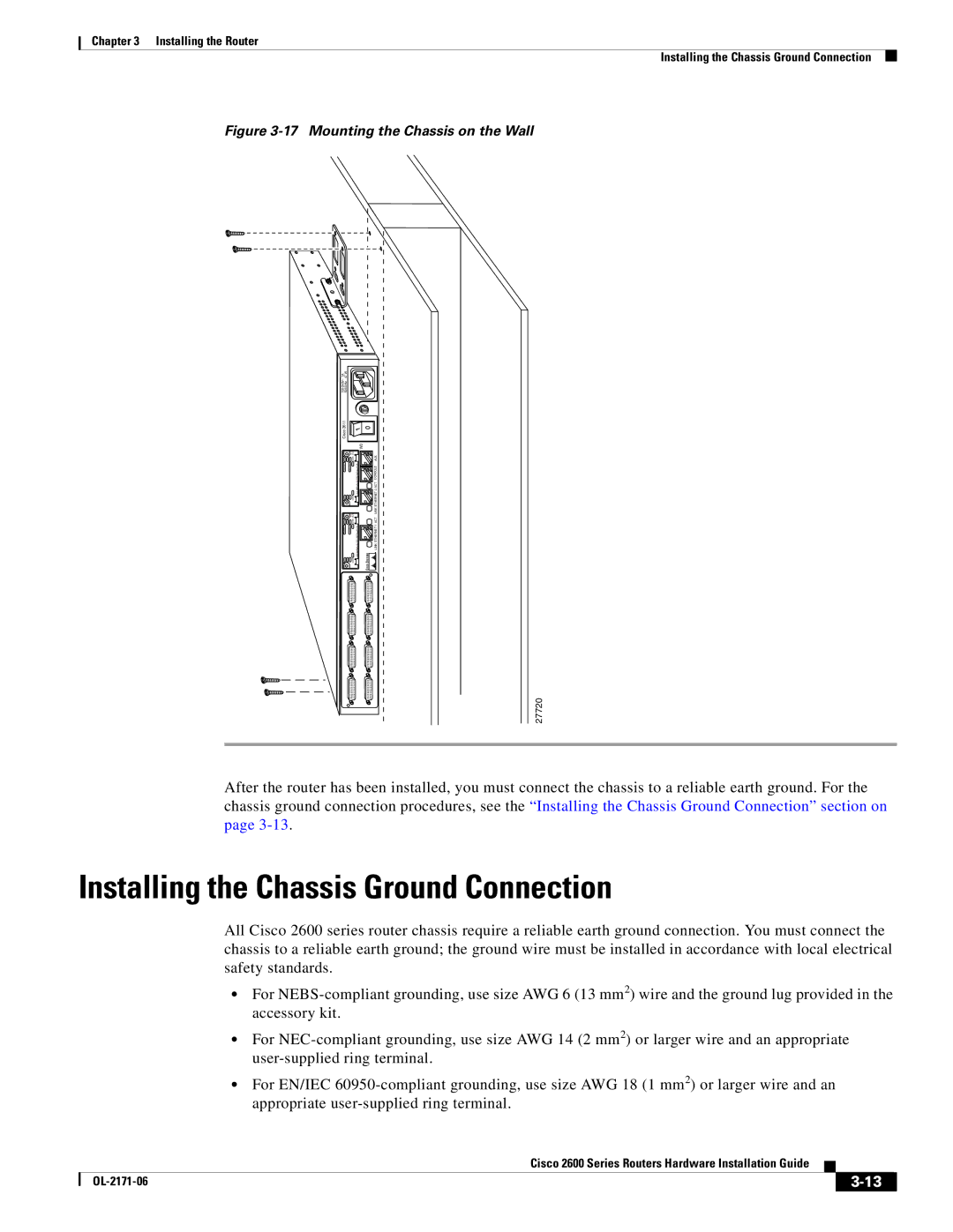 Cisco Systems 2600 manual Installing the Chassis Ground Connection, Mounting the Chassis on the Wall 