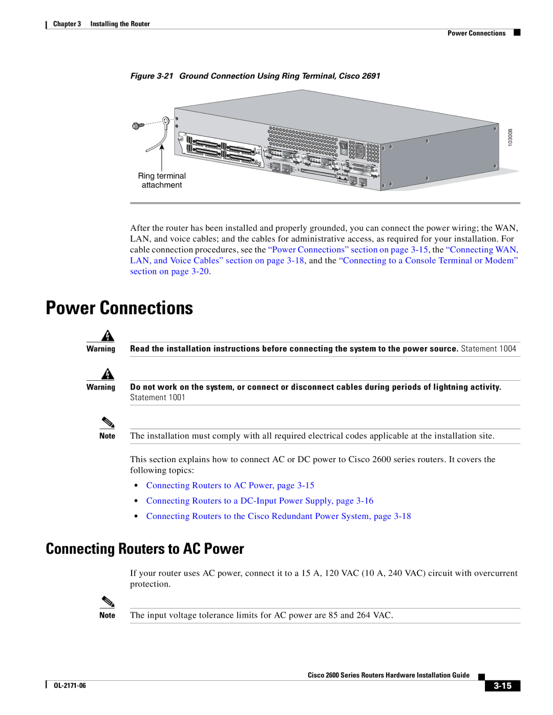 Cisco Systems 2600 manual Power Connections, Connecting Routers to AC Power 