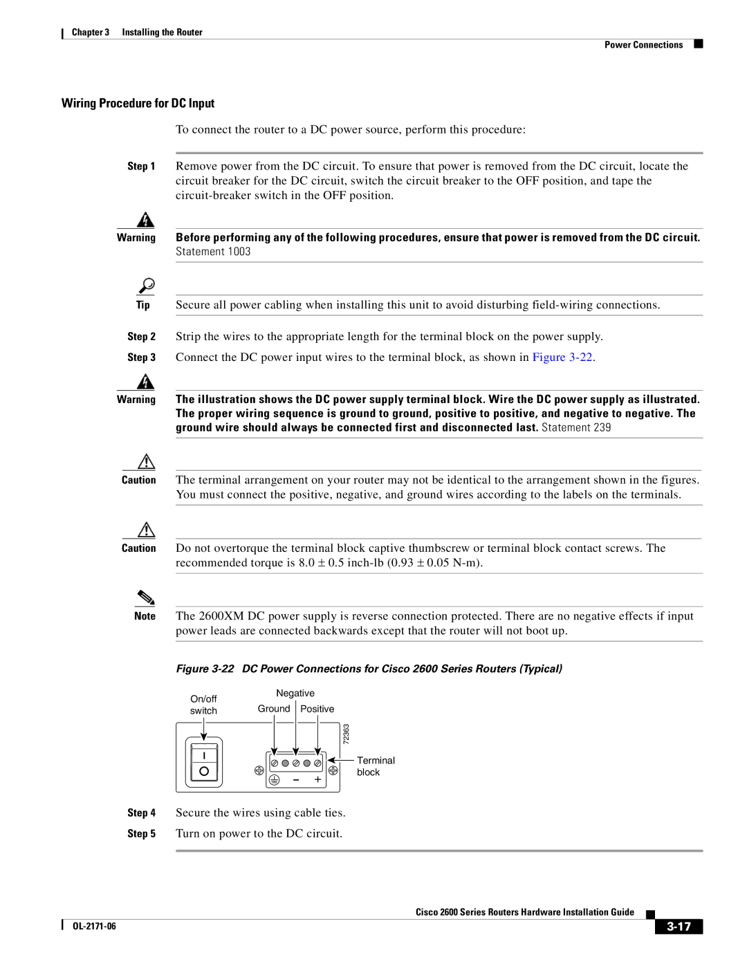 Cisco Systems 2600 manual Wiring Procedure for DC Input 