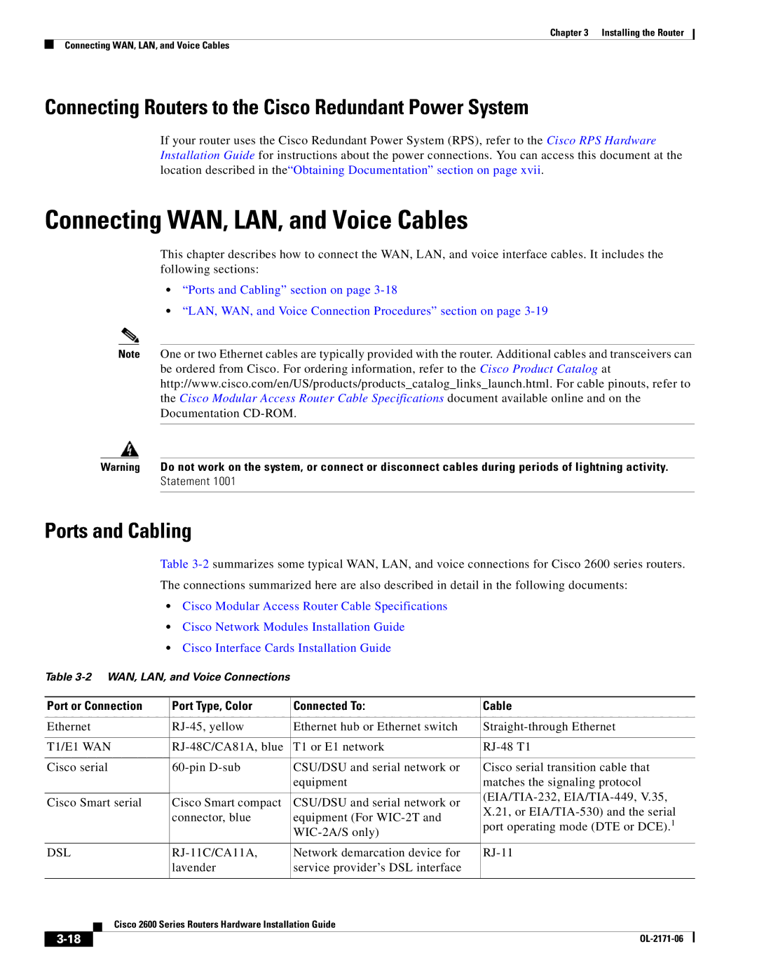 Cisco Systems 2600 manual Connecting WAN, LAN, and Voice Cables, Connecting Routers to the Cisco Redundant Power System 