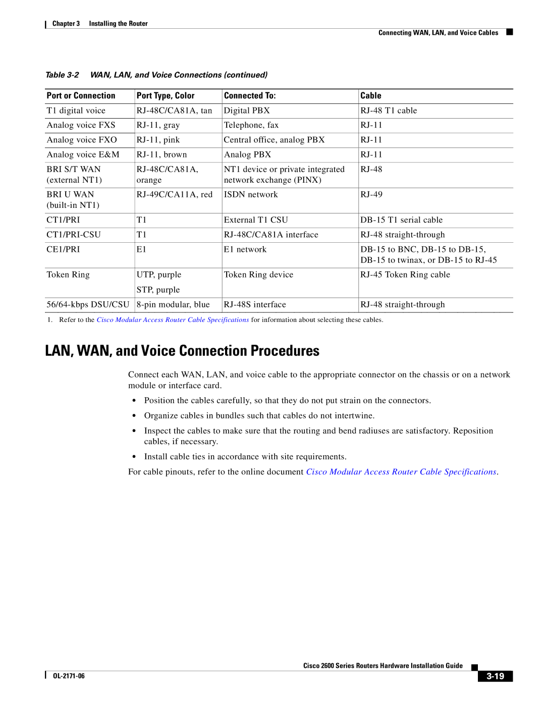 Cisco Systems 2600 manual LAN, WAN, and Voice Connection Procedures 