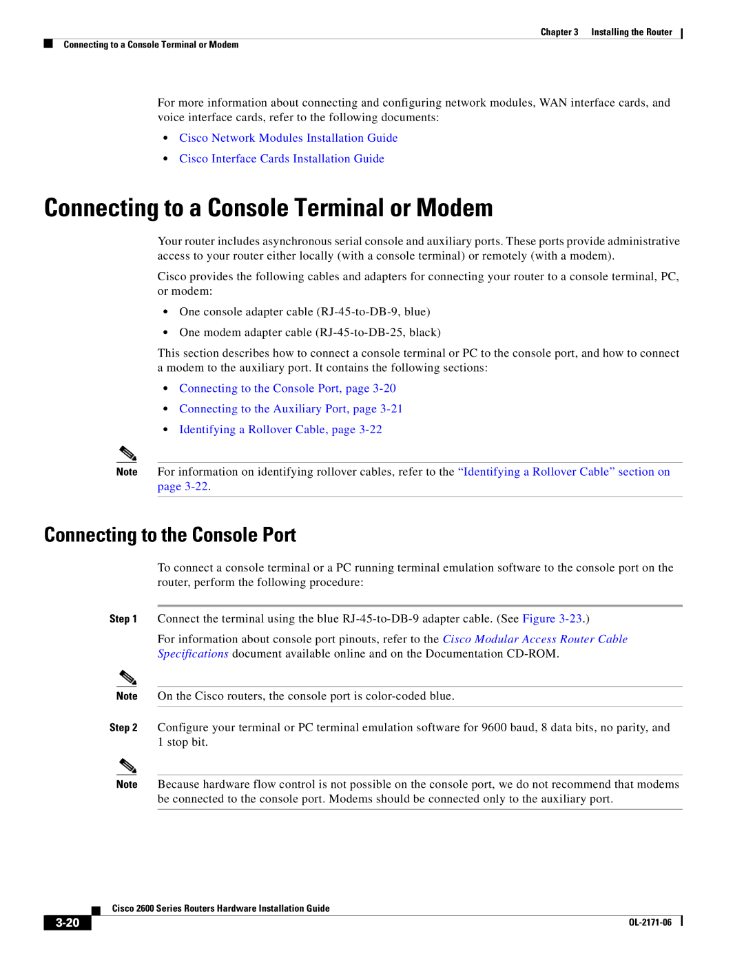 Cisco Systems 2600 manual Connecting to a Console Terminal or Modem, Connecting to the Console Port 