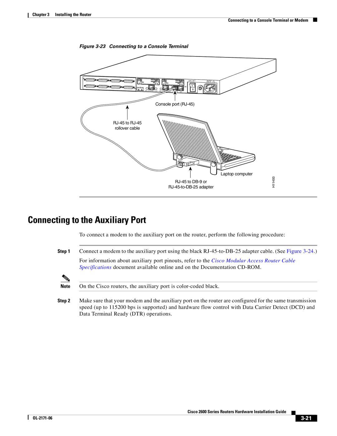 Cisco Systems 2600 manual Connecting to the Auxiliary Port, Connecting to a Console Terminal 