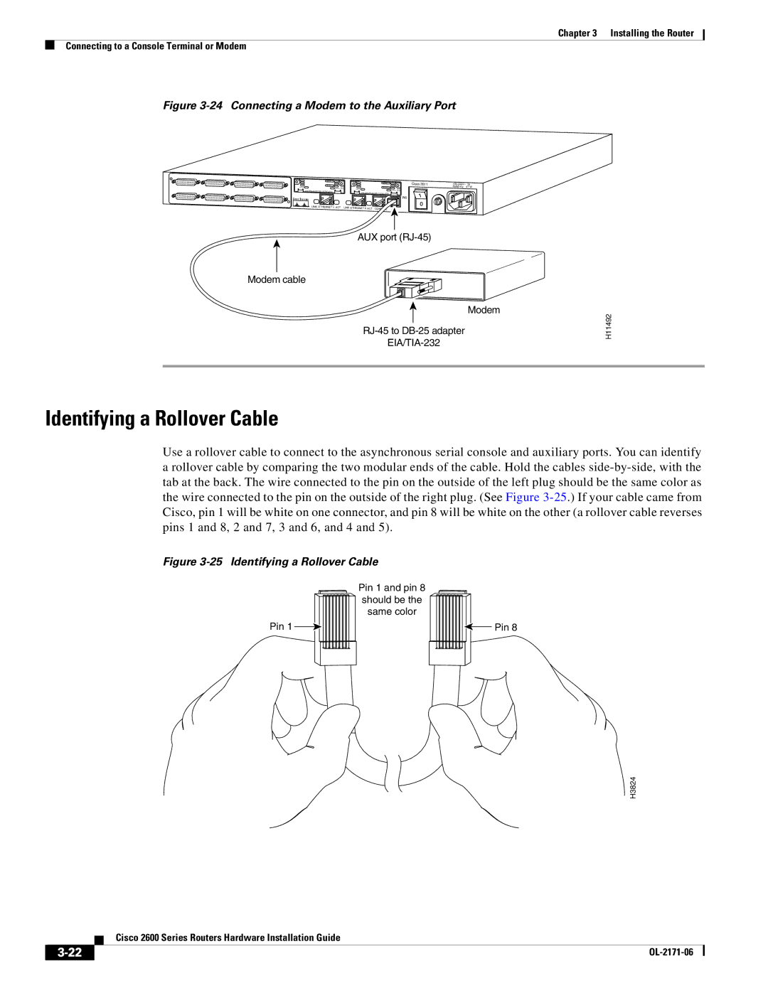 Cisco Systems 2600 manual Identifying a Rollover Cable, Connecting a Modem to the Auxiliary Port 