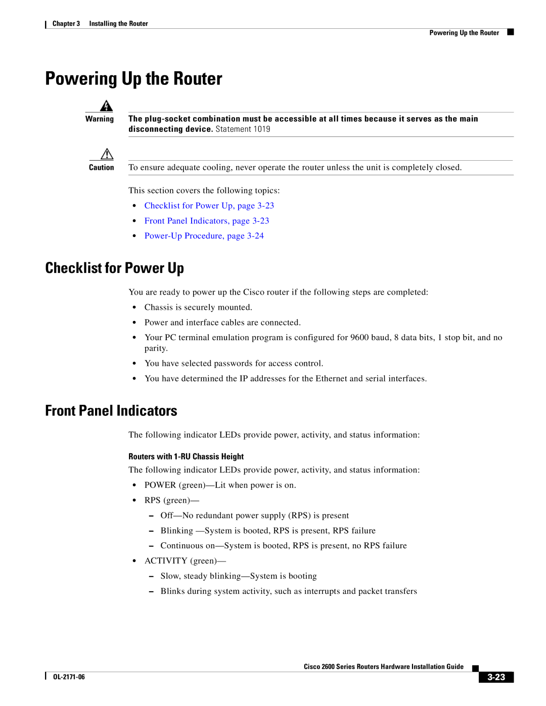 Cisco Systems 2600 manual Powering Up the Router, Checklist for Power Up, Front Panel Indicators 