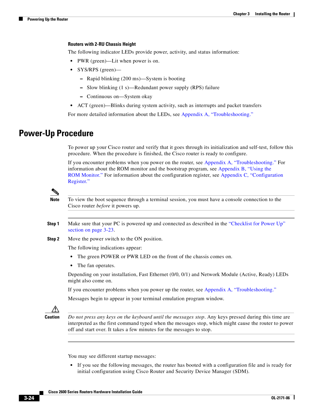 Cisco Systems 2600 manual Power-Up Procedure, Routers with 2-RU Chassis Height 