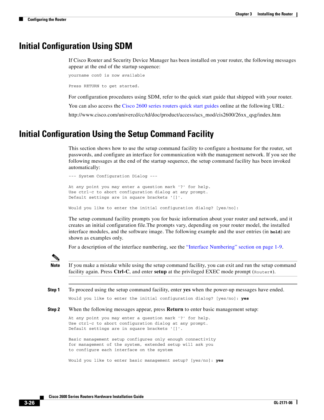 Cisco Systems 2600 manual Initial Configuration Using SDM, Initial Configuration Using the Setup Command Facility 