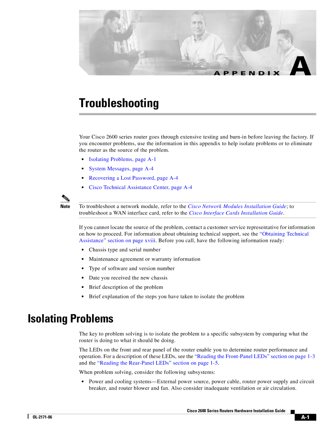 Cisco Systems 2600 manual Troubleshooting, Isolating Problems 