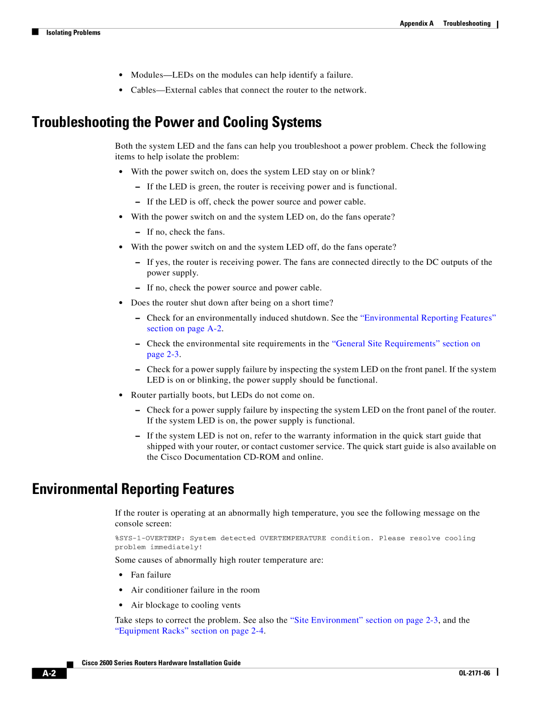 Cisco Systems 2600 manual Troubleshooting the Power and Cooling Systems, Environmental Reporting Features 