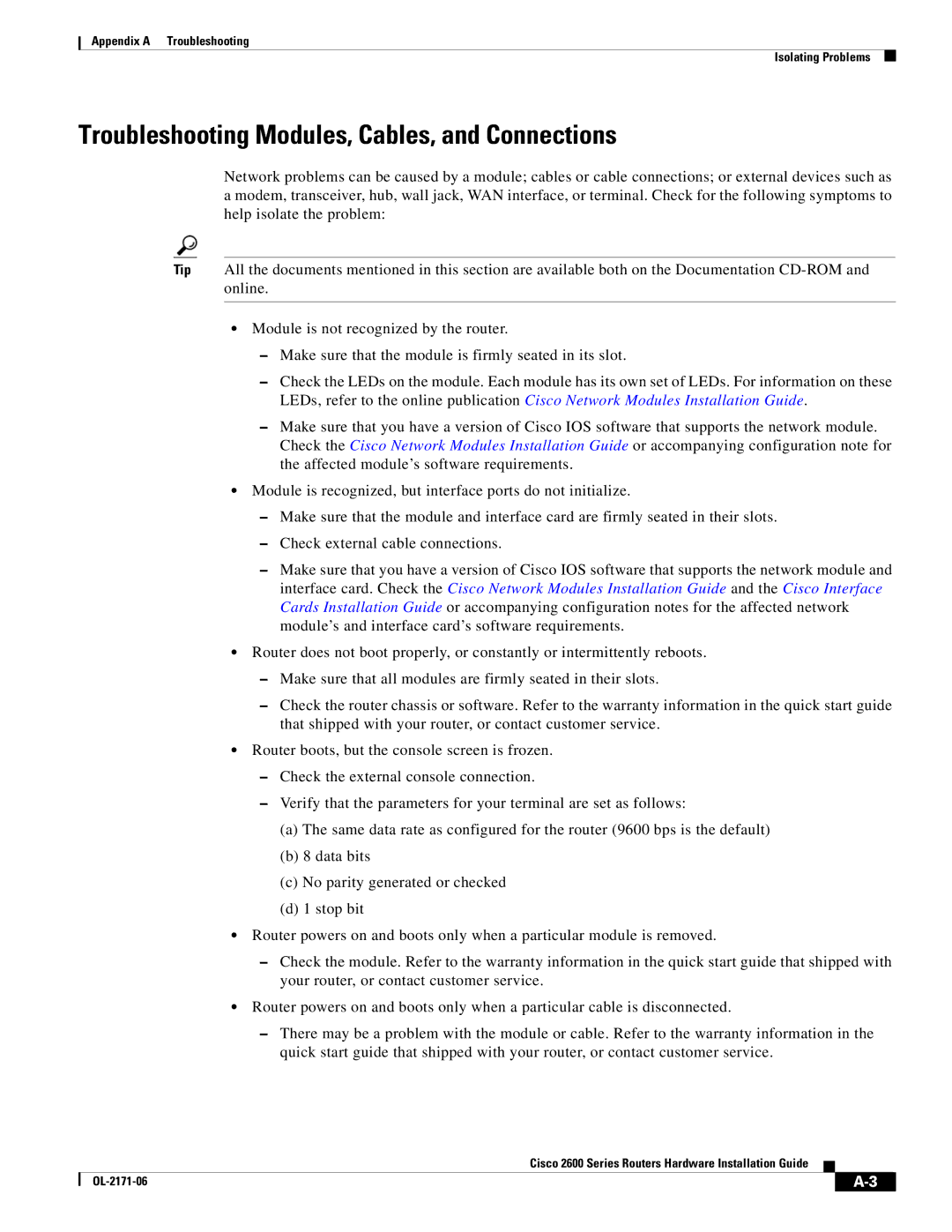 Cisco Systems 2600 manual Troubleshooting Modules, Cables, and Connections 