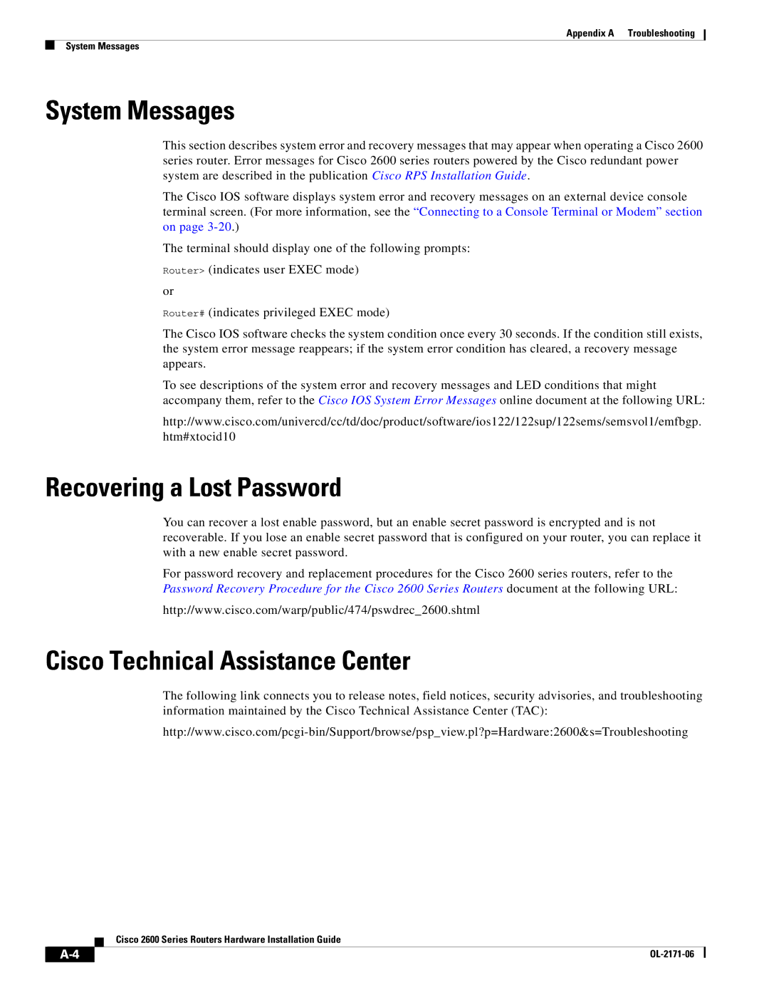 Cisco Systems 2600 manual System Messages, Recovering a Lost Password, Cisco Technical Assistance Center 