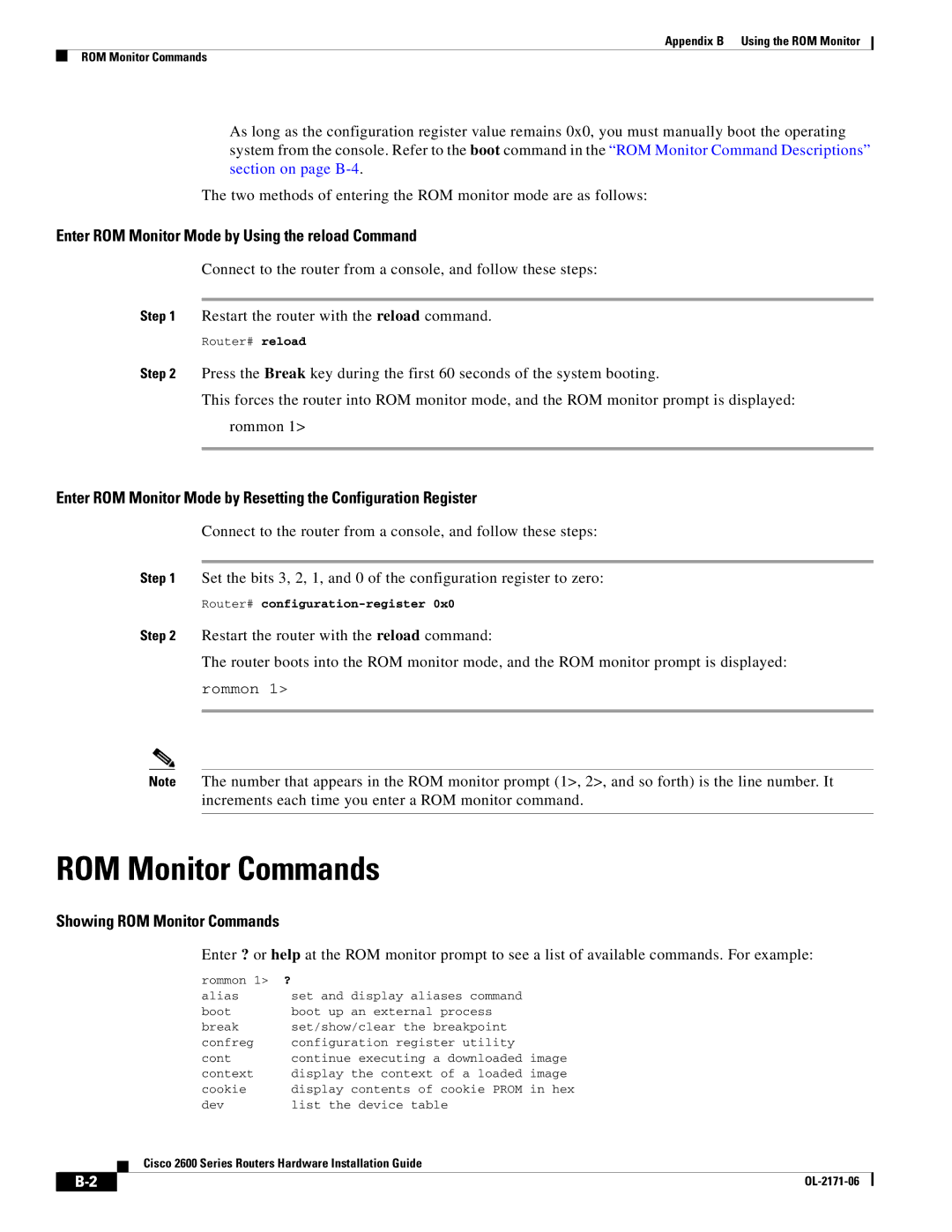 Cisco Systems 2600 manual ROM Monitor Commands, Enter ROM Monitor Mode by Using the reload Command 