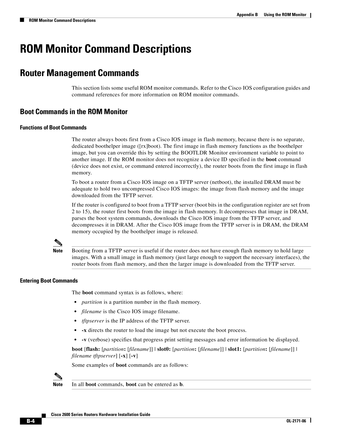 Cisco Systems 2600 manual ROM Monitor Command Descriptions, Router Management Commands, Boot Commands in the ROM Monitor 