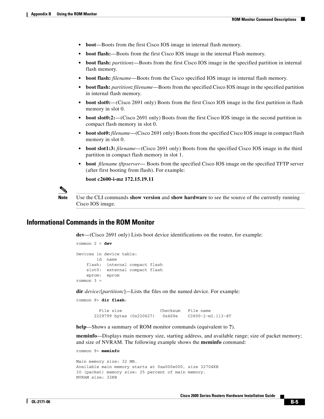 Cisco Systems 2600 manual Informational Commands in the ROM Monitor 