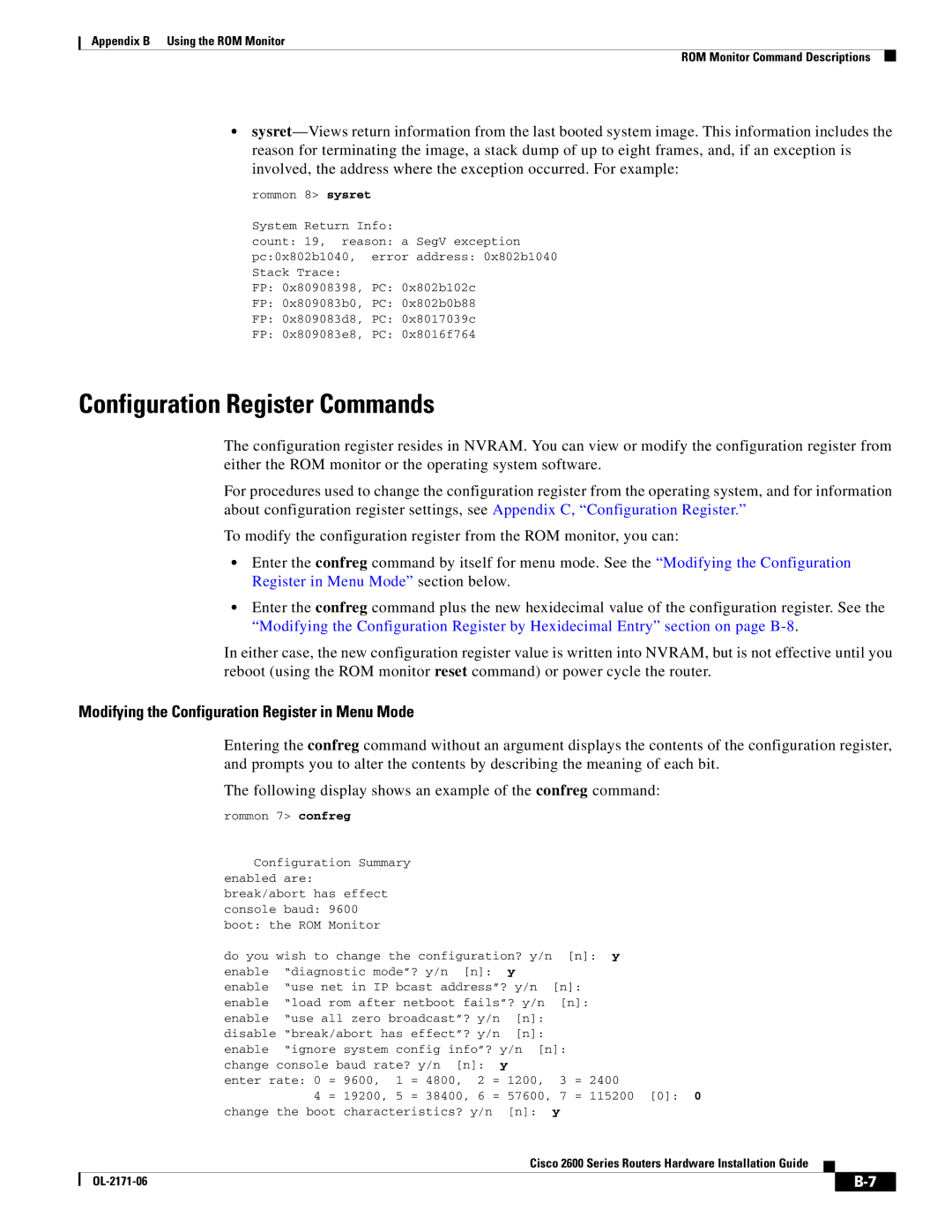 Cisco Systems 2600 manual Configuration Register Commands, Modifying the Configuration Register in Menu Mode 